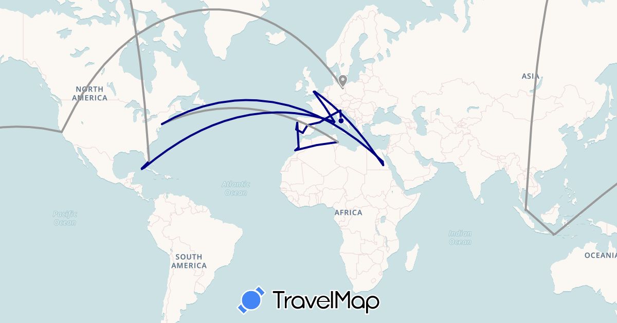 TravelMap itinerary: driving, plane in Cuba, Germany, Egypt, Spain, France, United Kingdom, Indonesia, Italy, Morocco, Malaysia, Portugal, Tunisia, United States, Vatican City (Africa, Asia, Europe, North America)